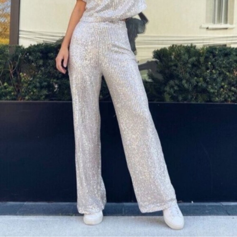 Skies are Blue | Sequin Silver Straight Leg Pants | Sz S - Picture 6 of 6